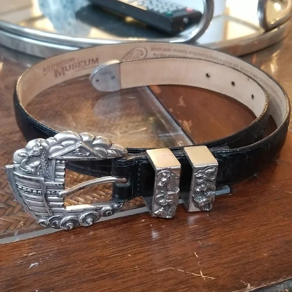 Vintage Brighton Museum Collection Brown Leather Silver Noahs Ark Belt Sz M Brighton Museum Collection Noah Ark Silver Buckle Dark Brown  main image 4